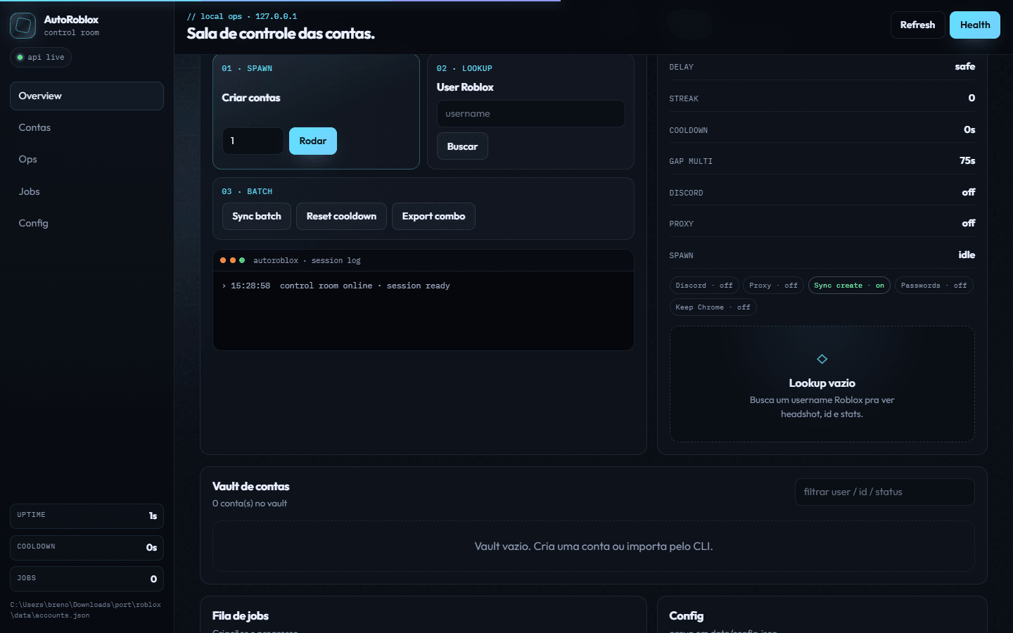 AutoRoblox - disparo de criação e console de ops