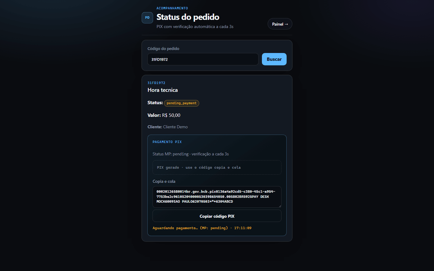 Pay Desk - pedido com PIX e cópia e cola