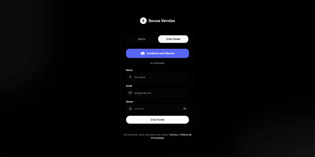 Souza Vendas - criar conta e Discord