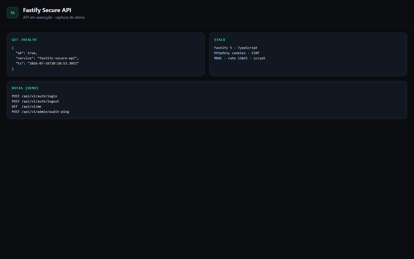 Fastify Secure API - demo com health, stack e rotas de auth