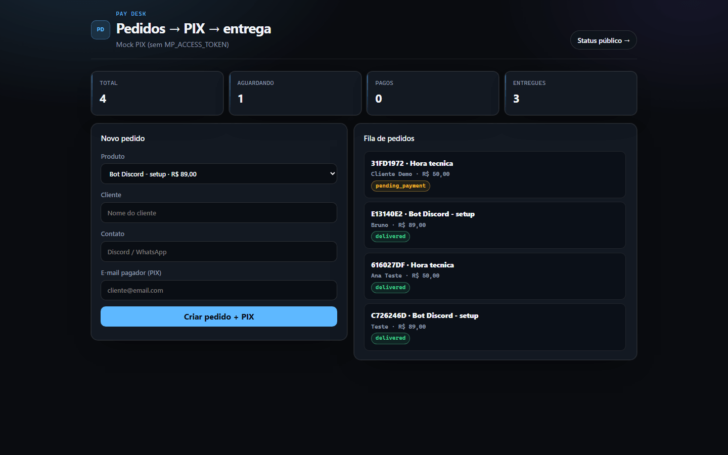 Pay Desk - painel operador com pedidos e criação de PIX
