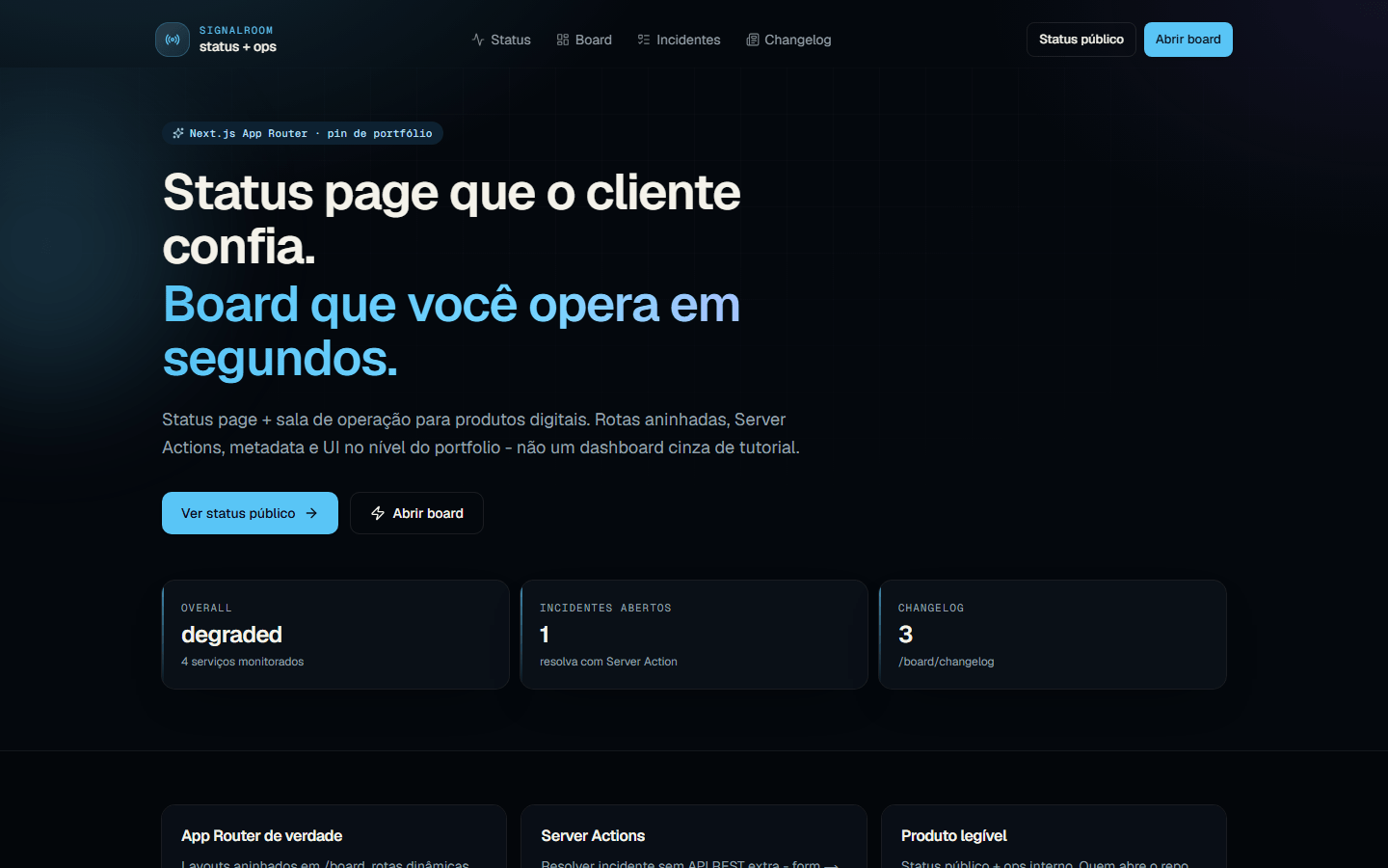 Signalroom - landing com status page e CTAs para board